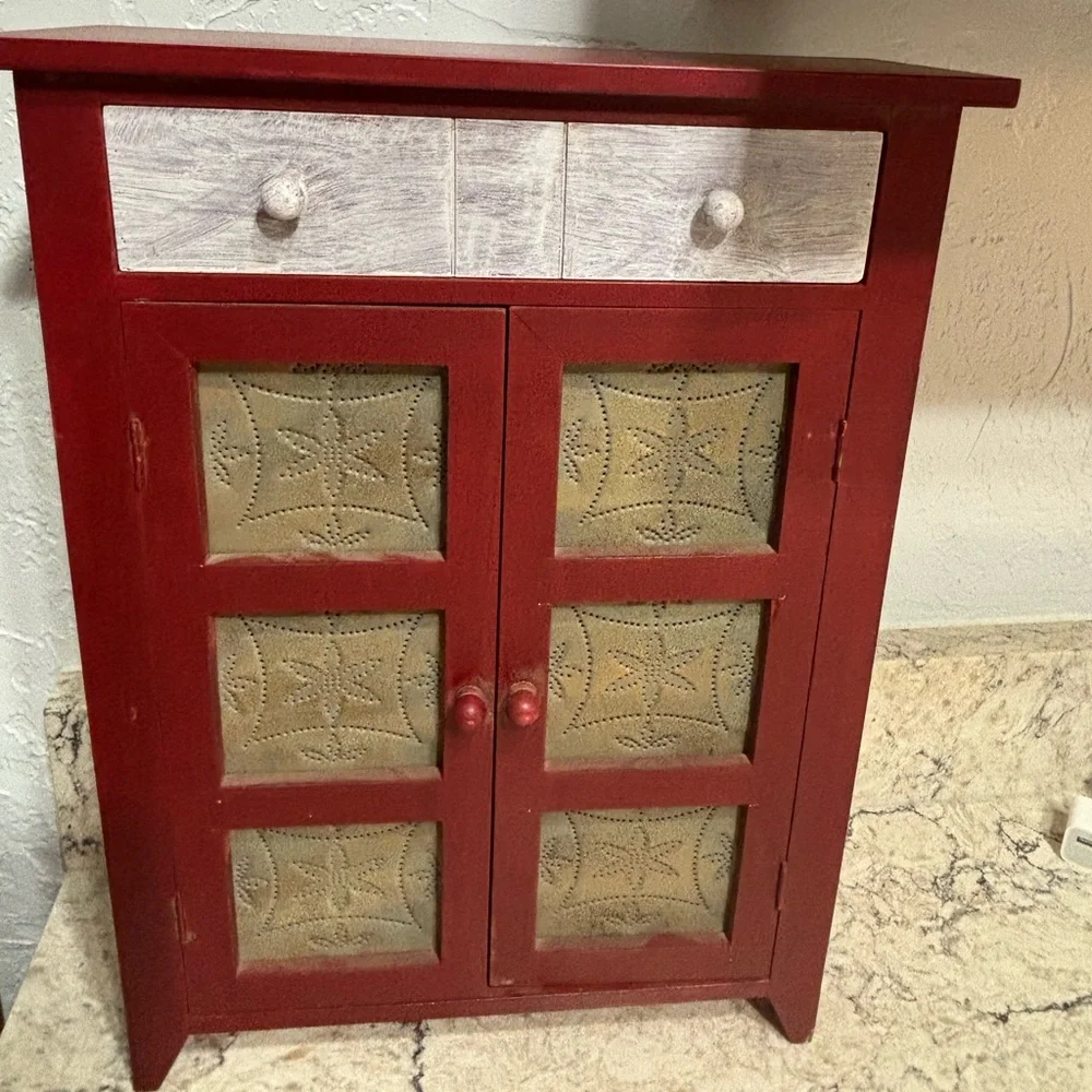 Red Small Counter Top Pie Safe Cabinet Distressed White Drawer Tin-Style Panels